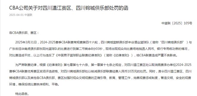 九游官网入口：CBA罚单：球迷撒钱干扰比赛 四川队罚款10万+取消赛区评奖资格(图4)