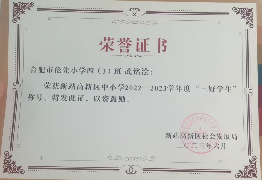 九游体育：合肥市伦先小学六（3）班武铭浍获评合肥市优秀学生干部(图2)